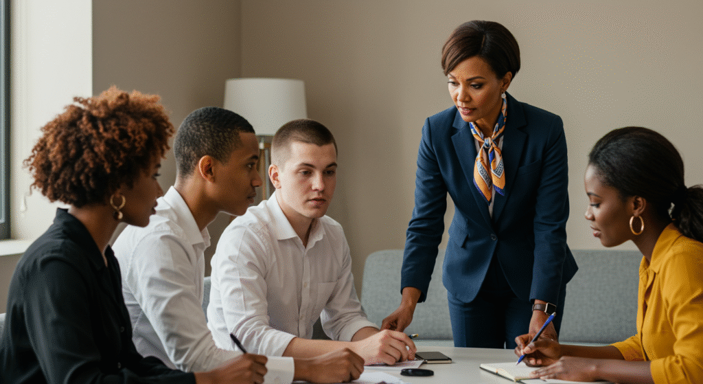 Business coach guiding diverse team in meeting, enhancing leadership, communication, and teamwork.