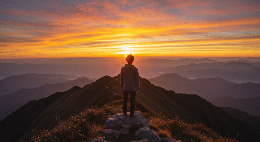 Person standing on mountain peak at sunrise, reflecting on overcoming Disappointment and growth.