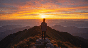 Person standing on mountain peak at sunrise, reflecting on overcoming Disappointment and growth.