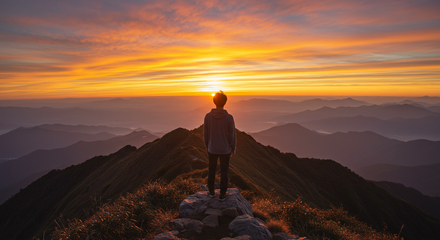 Person standing on mountain peak at sunrise, reflecting on overcoming Disappointment and growth.