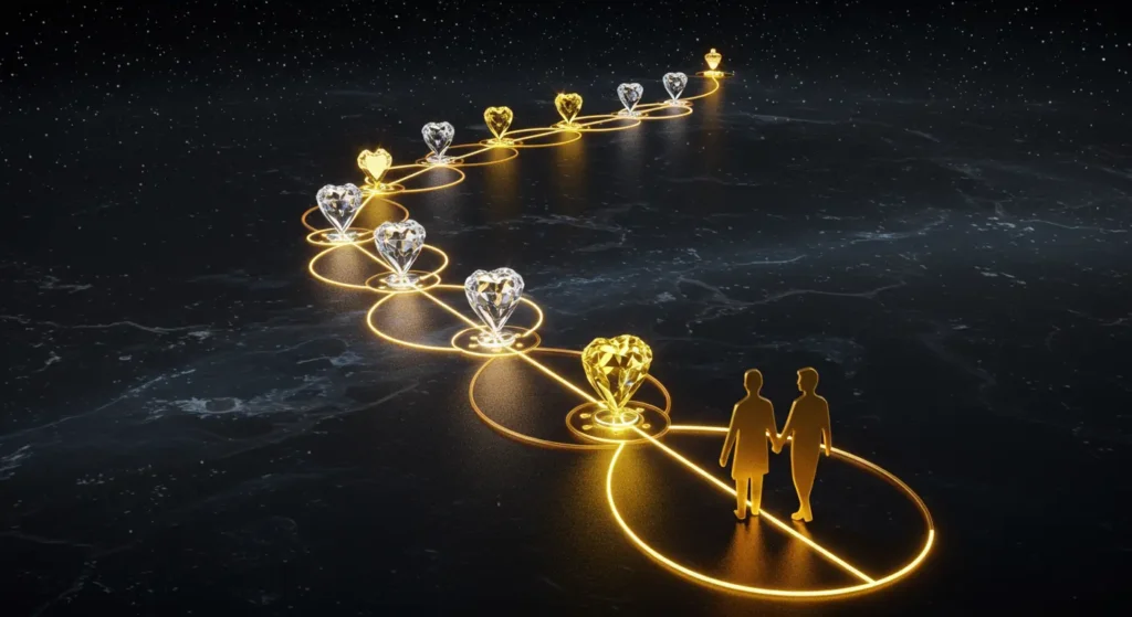Couple walking along glowing timeline with shining hearts, symbolizing love, growth, and healing