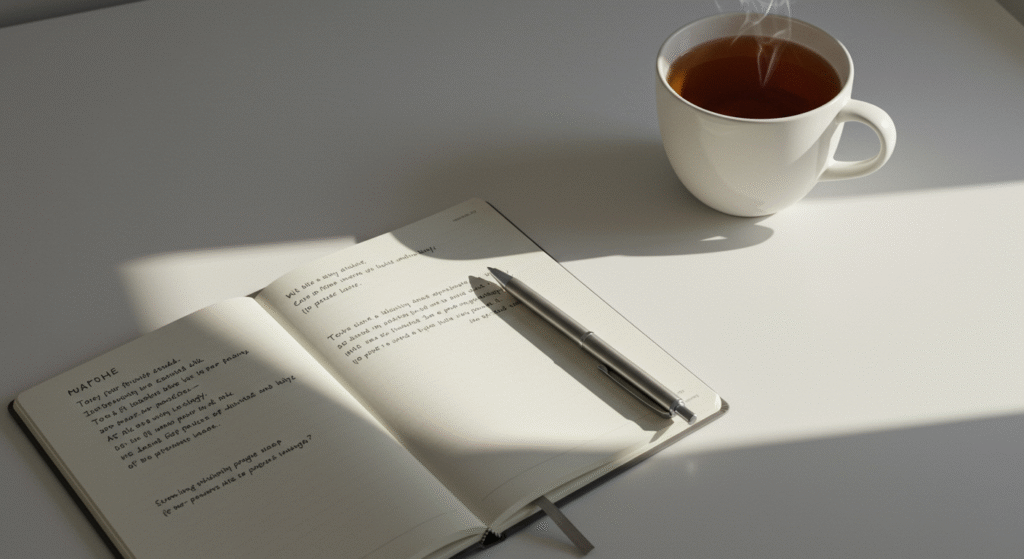 Open journal with notes and pen beside steaming cup of tea on desk, symbolizing reflection and focus.