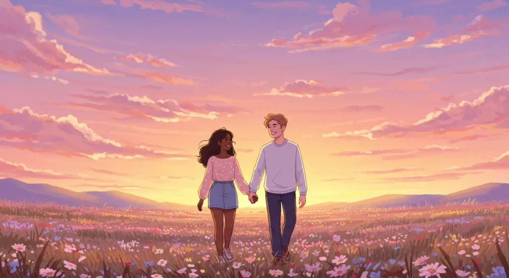 Happy couple holding hands walking in a flower field at sunset, symbolizing love and relationship