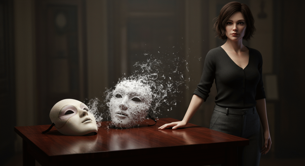 A woman in a dark outfit stands by a wooden table with two masks one intact, one dissolving into particles in a dimly lit room.