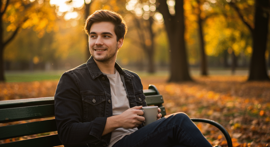 A young man in a denim jacket sits on a bench holding a mug, surrounded by autumn leaves and trees in a park during sunset.