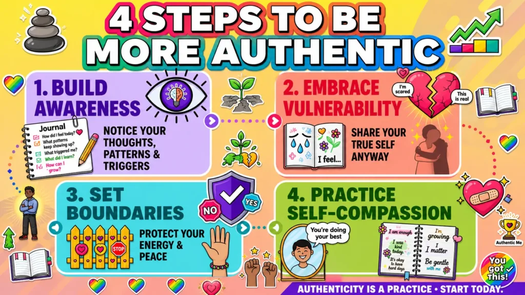 4 steps to be more authentic infographic showing how to build awareness, embrace vulnerability, set healthy boundaries, and practice self-compassion to develop confidence, authenticity, and personal growth.