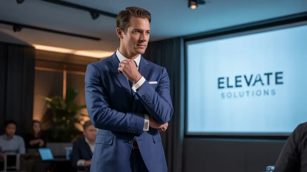 Businessman in blue suit, "ELEVATE SOLUTIONS" on screen behind him.