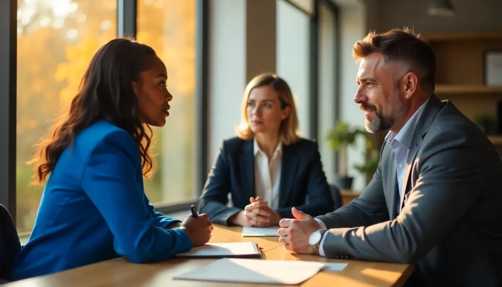 Professional man and woman discussing NLP Strategies at a table; another woman watches.