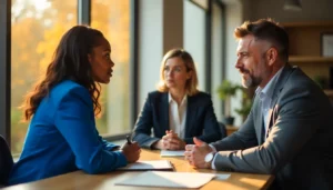 Professional man and woman discussing NLP Strategies at a table; another woman watches.