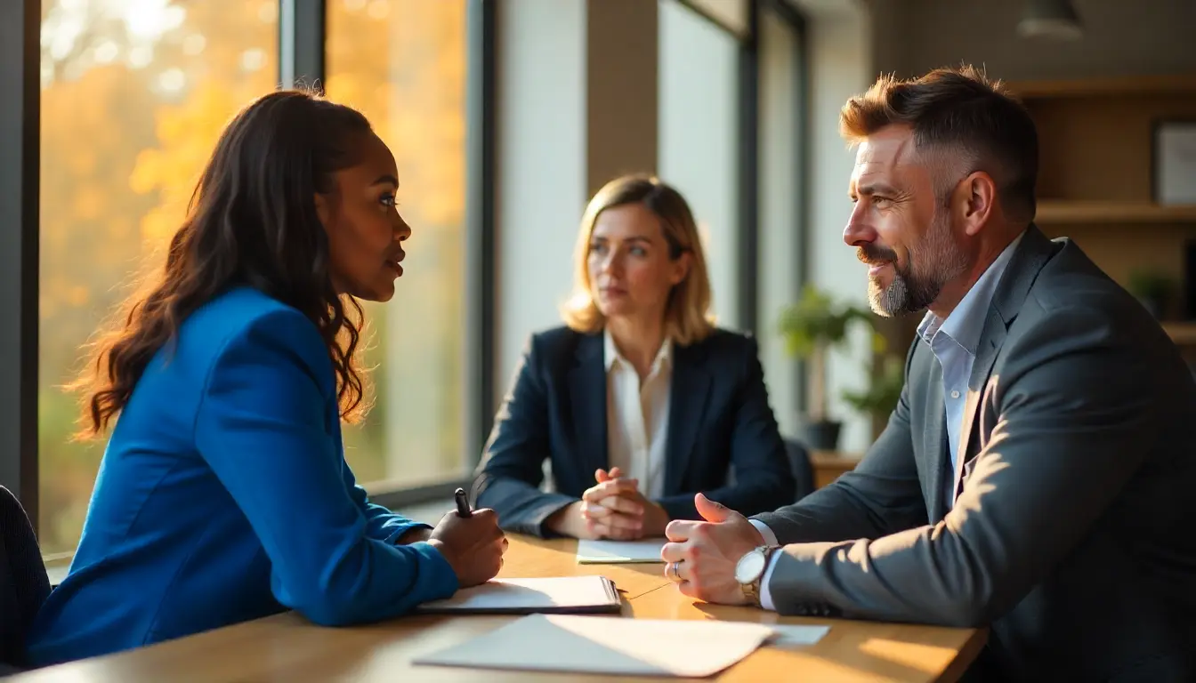 Professional man and woman discussing NLP Strategies at a table; another woman watches.
