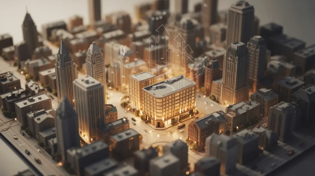 A glowing miniature city with a building in the center showing upward arrows, symbolizing competitive advantage.