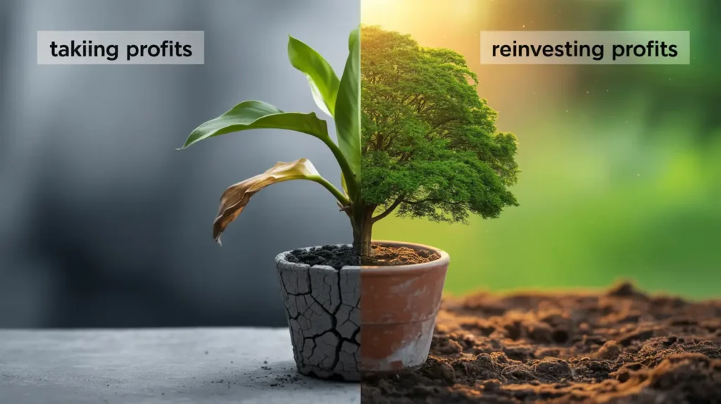 Comparison showing a dead plant labeled "taking profits" and a thriving tree labeled "reinvesting profits.