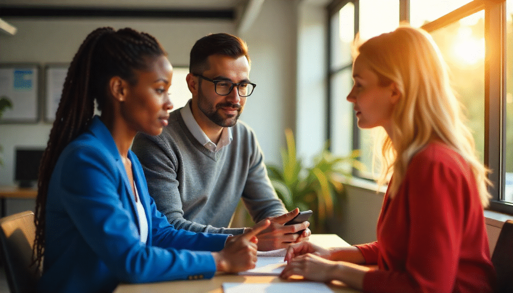 Three diverse professionals engaging in a focused discussion in a sunny office