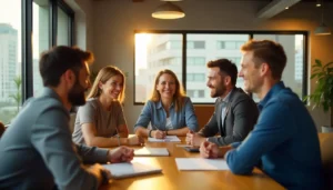 Team of five smiling professionals at a conference table; focus on starting a Business in Canada.