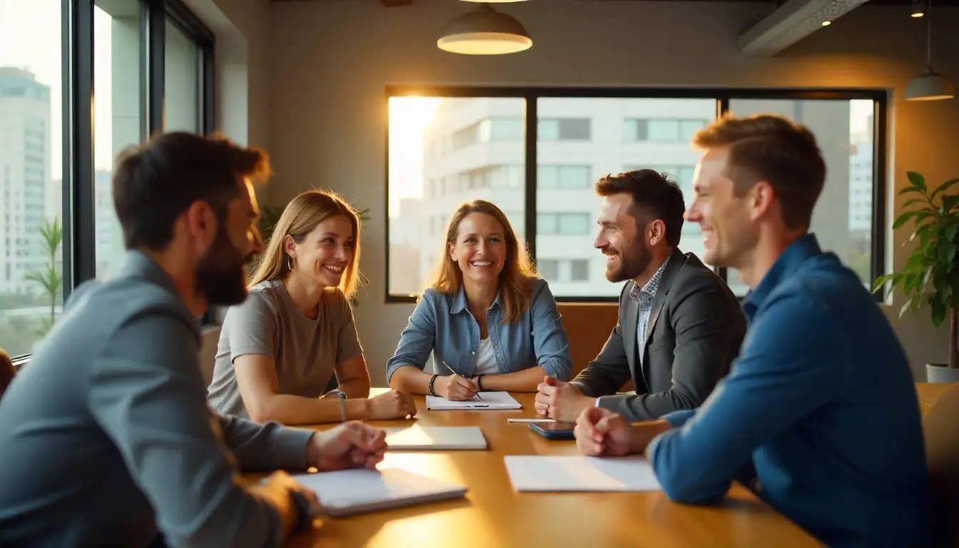 Team of five smiling professionals at a conference table; focus on starting a Business in Canada.