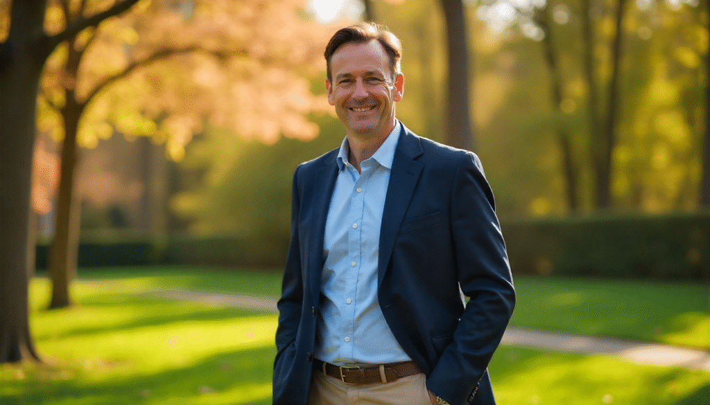 Smiling businessman in a navy blazer and khaki pants standing in a park with autumn foliage