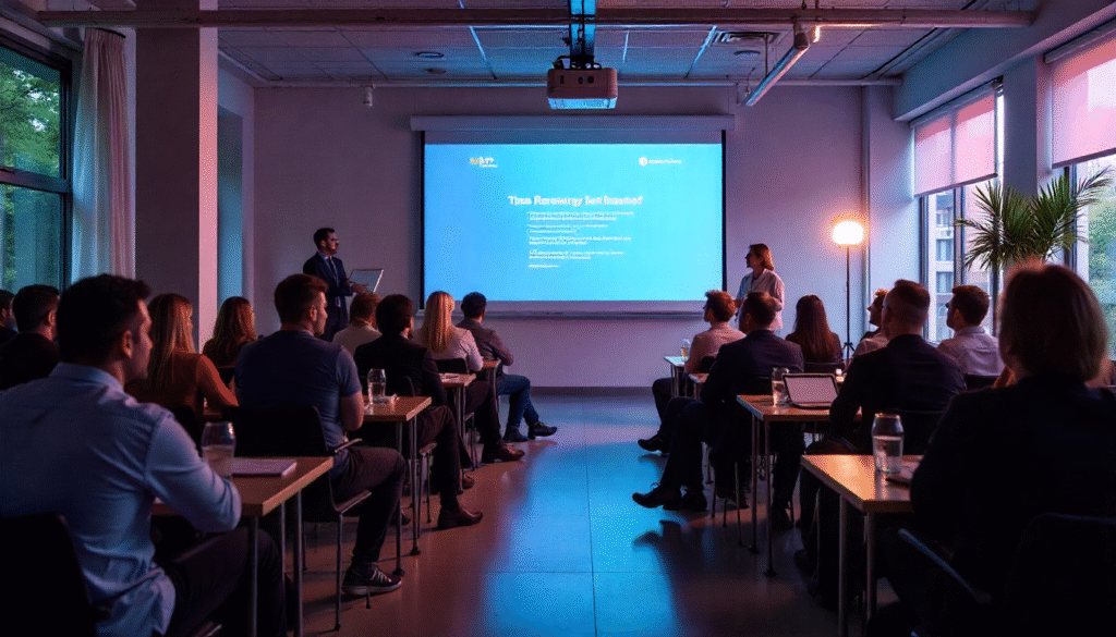 A group of professionals attending a dimly lit presentation