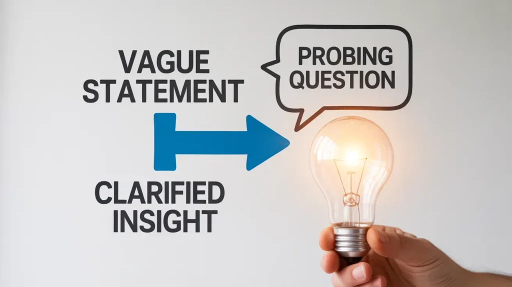 Diagram: Vague Statement → Probing Question → Clarified Insight (lightbulb).