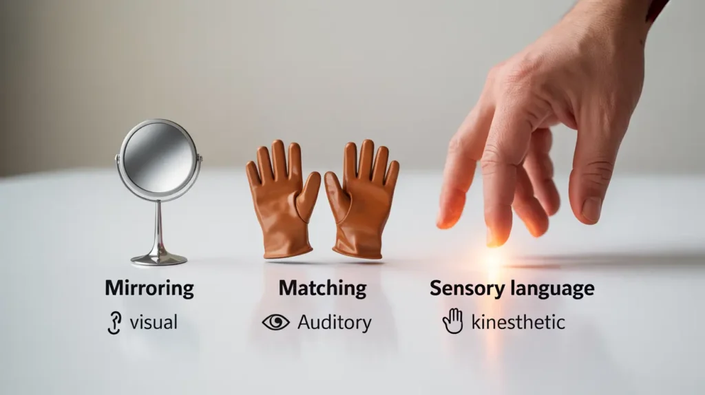 Mirror, gloves, and hand representing Rapport Building (Mirroring, Matching, Sensory Language).