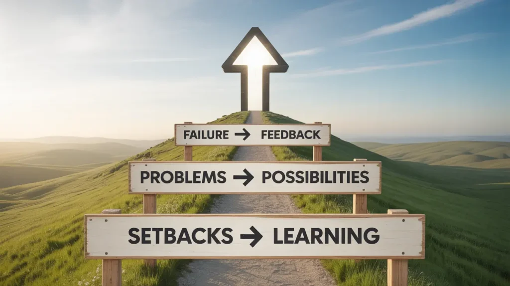 Path uphill with signs for Reframing Challenges: SETBACKS → LEARNING, PROBLEMS → POSSIBILITIES, and FAILURE → FEEDBACK.
