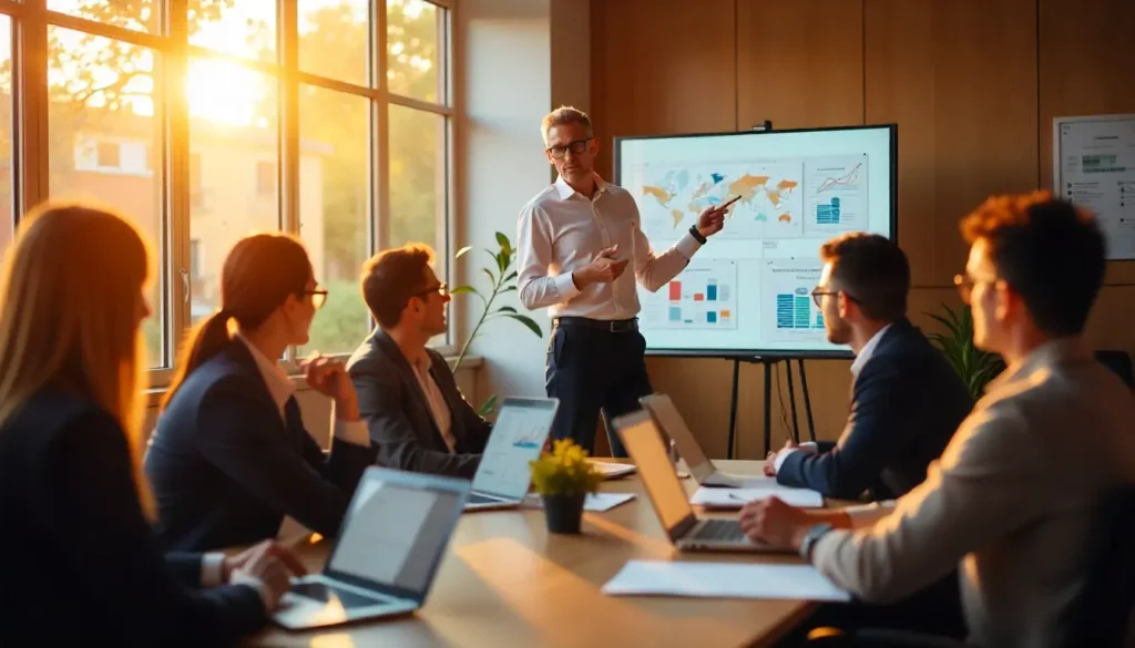Team of five smiling professionals at a conference table