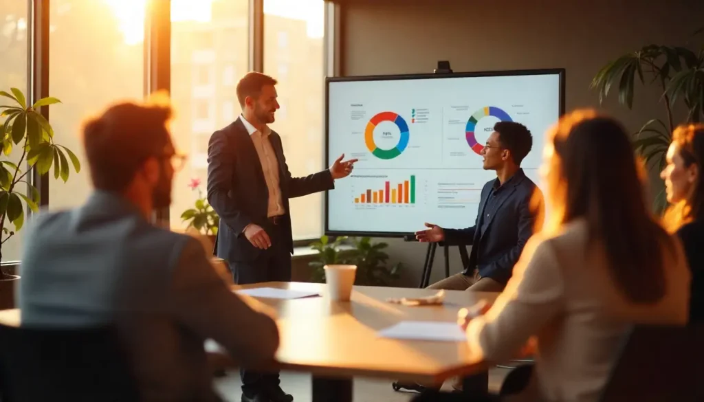 Professional points to a screen with charts, illustrating how to Scale and Grow a Coaching Business.