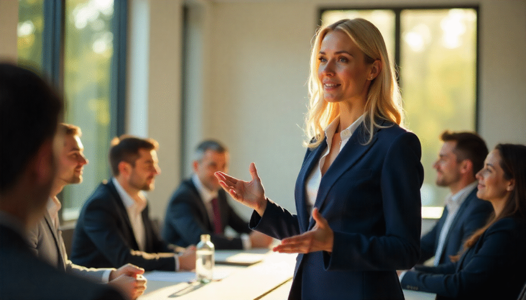 Woman confidently presenting to a team, showing how NLP Improves Leadership Skills.