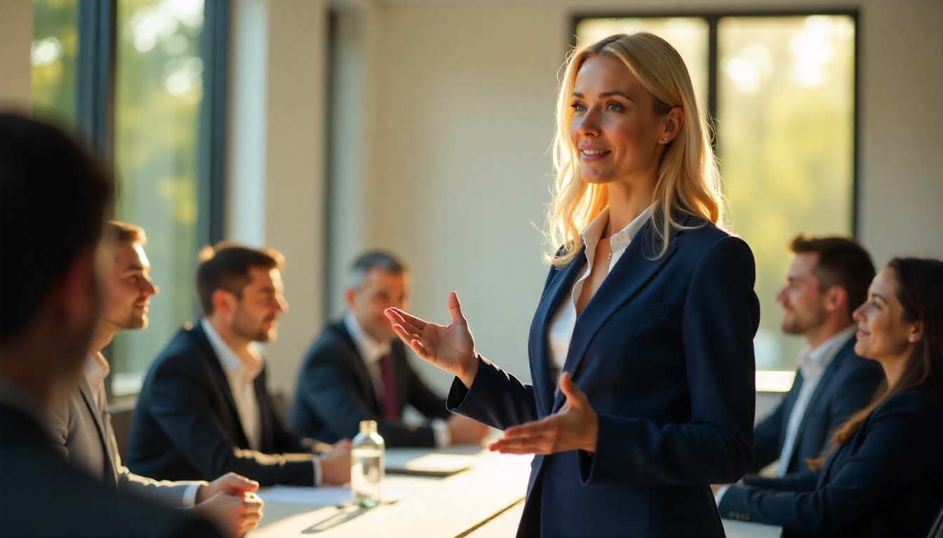 Woman confidently presenting to a team, showing how NLP Improves Leadership Skills.