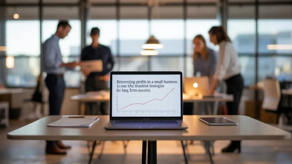 Laptop displaying a growth chart about Reinvest Profits for long-term success.