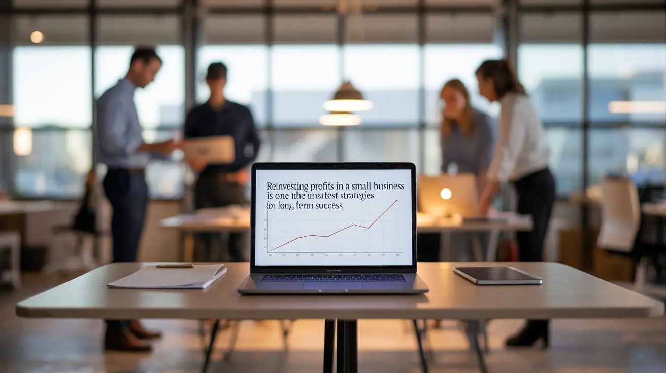 Laptop displaying a growth chart about Reinvest Profits for long-term success.