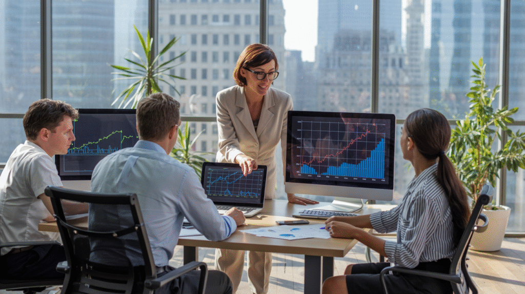 Business professionals analyze growth charts on computers during a strategic meeting in a modern office.