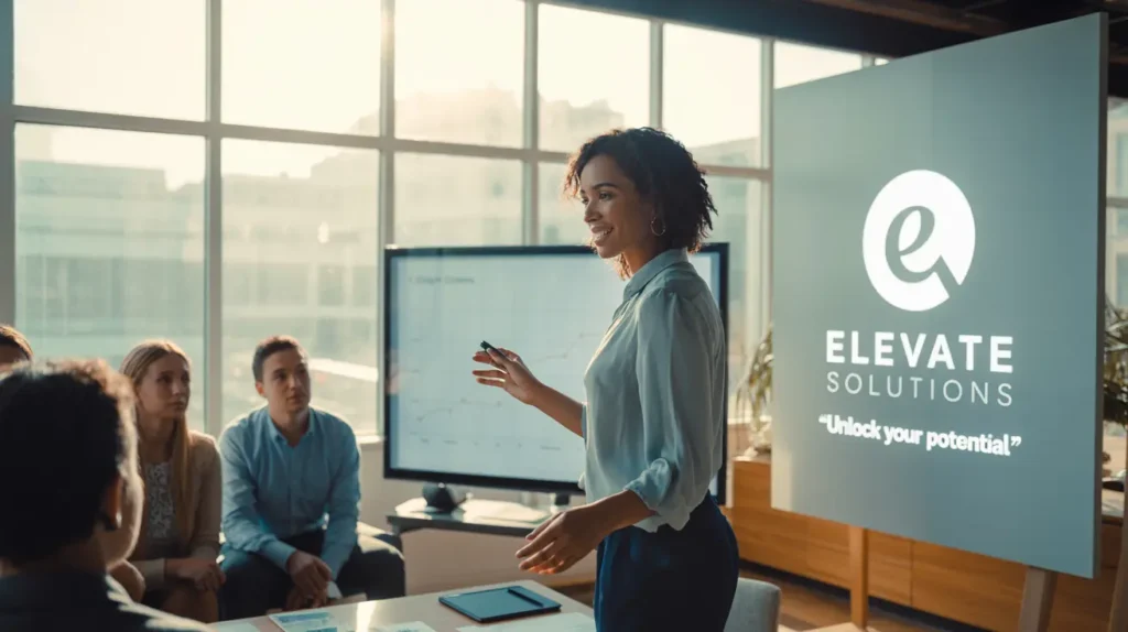 Woman presents "Elevate Solutions" to a group in a bright office.