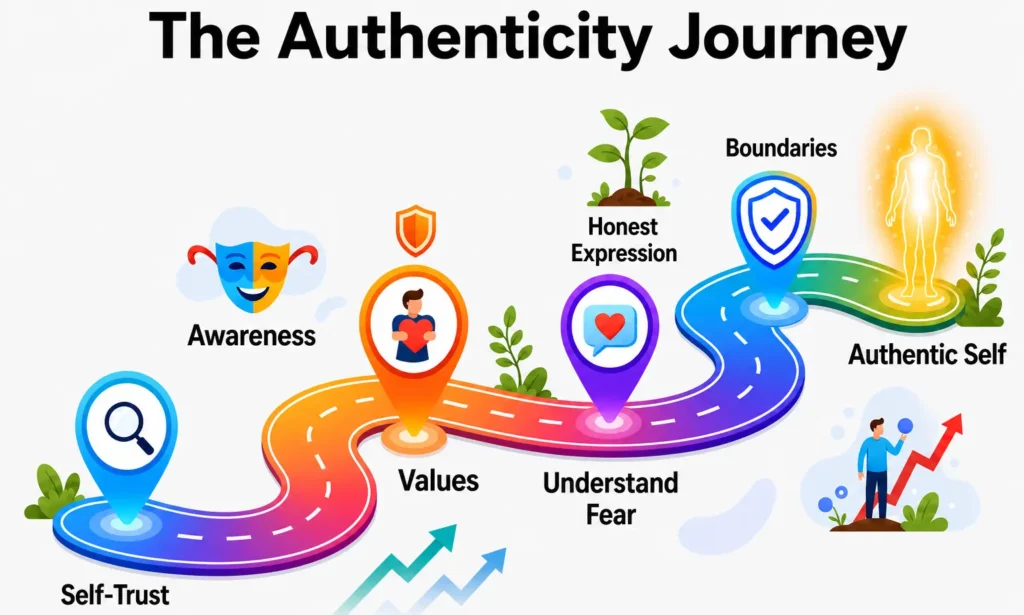 Drop the Mask authenticity journey infographic showing self-trust, awareness, values, overcoming fear, honest expression, healthy boundaries, and personal growth leading to an authentic self.
