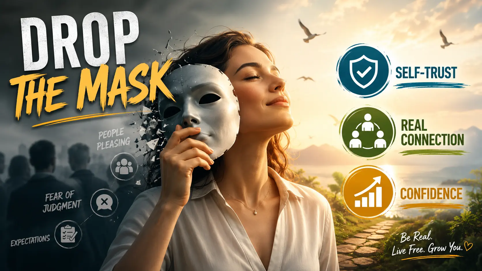 Woman removing a symbolic mask to embrace authenticity, self-trust, real connection, and confidence while overcoming people-pleasing, fear of judgment, and external expectations.