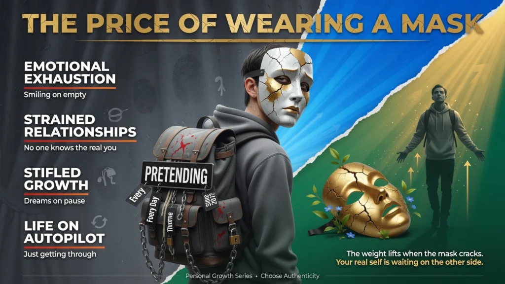 Infographic showing the emotional cost of wearing a mask, including exhaustion, strained relationships, stifled growth, and living on autopilot, contrasted with authenticity, freedom, and personal growth.