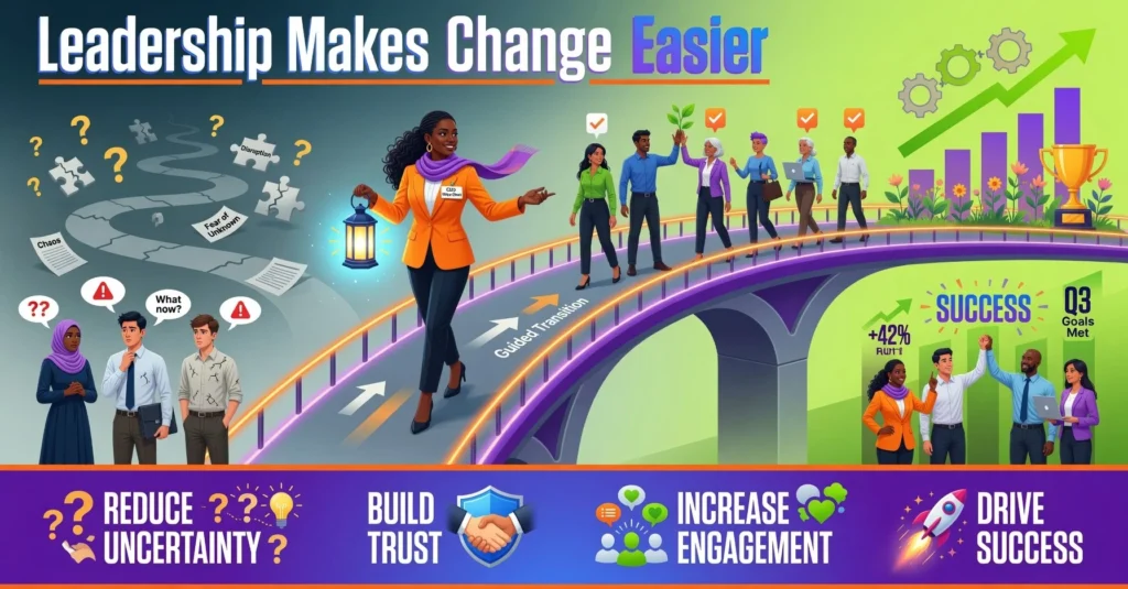 Leadership infographic showing how effective leaders guide teams through change by reducing uncertainty, building trust, increasing employee engagement, and driving organizational success during transformation initiatives
