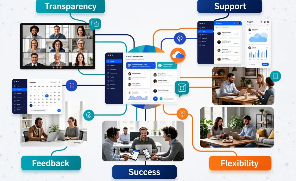 Team collaboration infographic showing transparency, support, feedback, and flexibility connected through digital tools to drive organizational success and stronger workplace communication.
