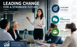 Business leader presenting a change management strategy to a team, highlighting clear vision, open communication, and team engagement to drive organizational transformation and sustainable growth