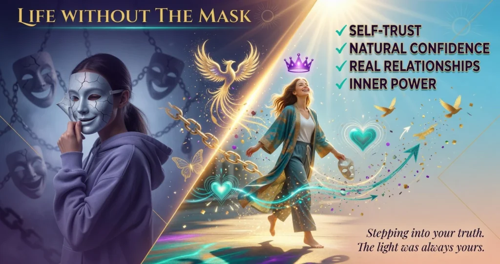 Life Without the Mask infographic showing the transformation after choosing authenticity, featuring self-trust, natural confidence, real relationships, inner power, emotional freedom, and personal growth.
