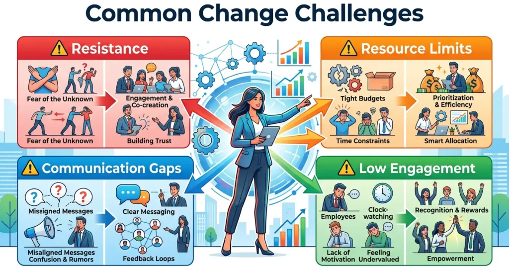 Change leadership infographic highlighting key outcomes of effective leadership, including long-term growth, higher employee engagement, stronger organizational culture, greater resilience, and increased innovation.