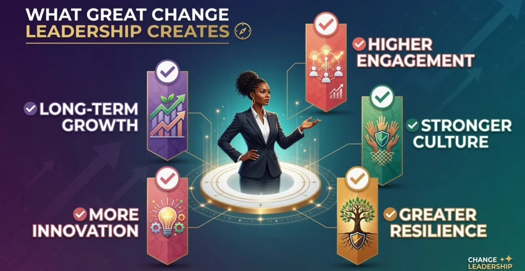 Change leadership infographic highlighting key outcomes of effective leadership, including long-term growth, higher employee engagement, stronger organizational culture, greater resilience, and increased innovation