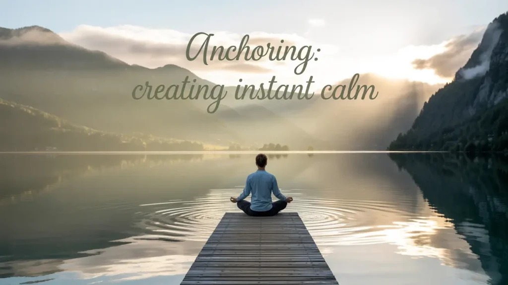Person meditating on a dock over a calm lake at sunrise, with text "Anchoring: creating instant calm," surrounded by mountains.
