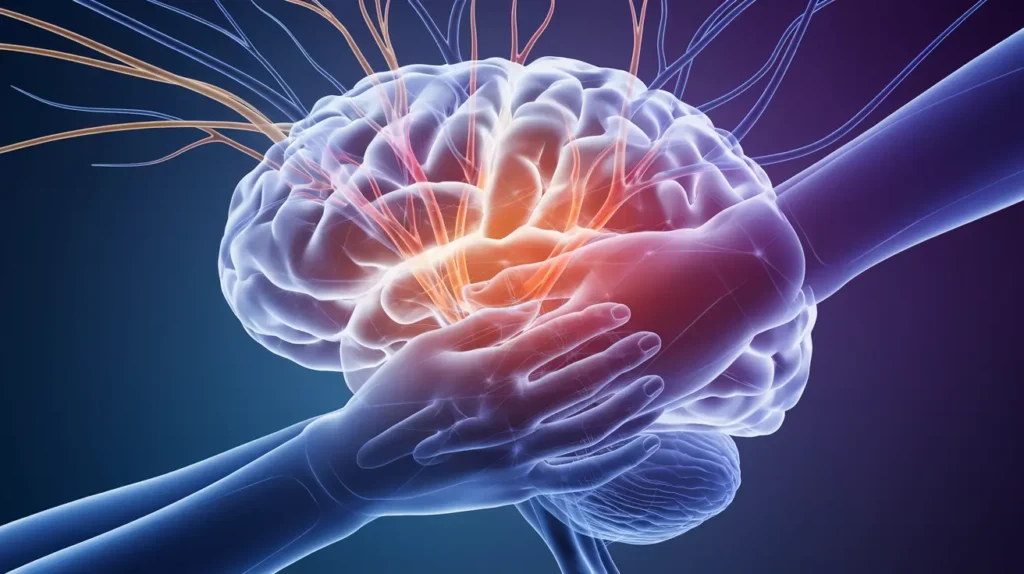 Illustration of human brain with glowing neural links symbolizing anchoring positive emotions.