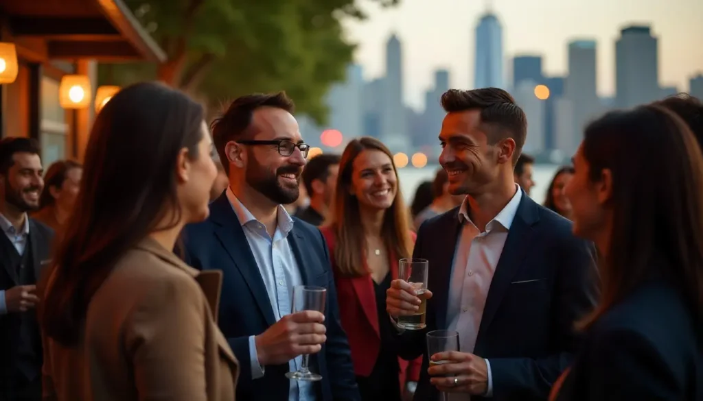 Two business professionals smiling while talking across a desk with laptops in a modern office setting, suggesting a positive meeting.