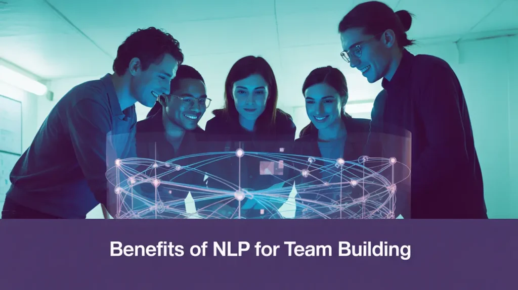Team smiling, looking at holographic network, highlighting Benefits of NLP for Team Building.