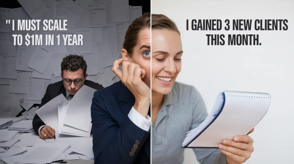 Stressed man aiming for $1M vs. happy woman celebrating 3 new clients.