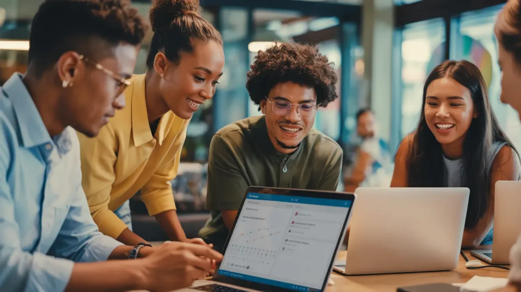Diverse professionals smile while collaborating on a laptop; NLP Certification boosts careers.