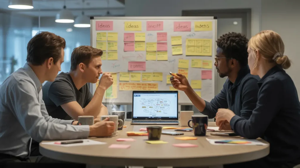 Four diverse colleagues brainstorming around a table, with a whiteboard full of idea sticky notes behind them.