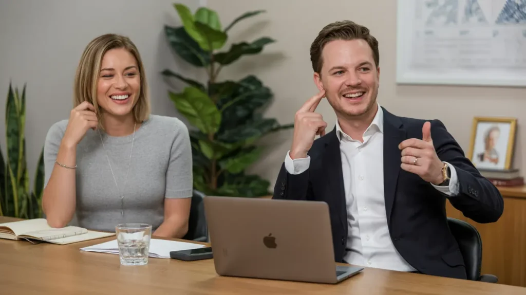Two smiling professionals working with a laptop, representing Business Accelerators and Universities.