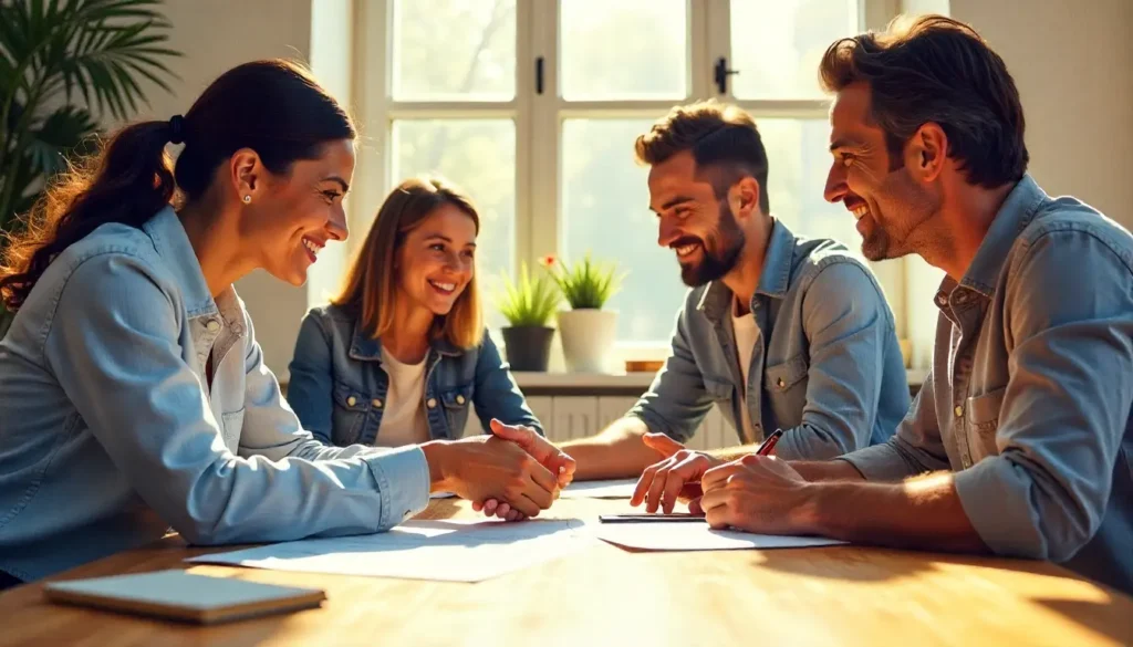 Business team smiling and shaking hands during a successful meeting, symbolizing effective Negotiation skills.